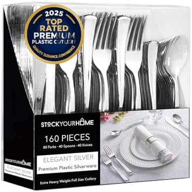 160 Pack Silver Plastic Cutlery Disposable Silverware - 80 Forks, 40 Knives, 40 Spoons - For Catering, Parties, Dinners, Weddings, and Everyday Use, Stock Your Home