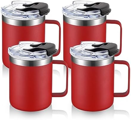 12oz Insulated Travel Coffee Mug with Handle, Red, 4 Pack