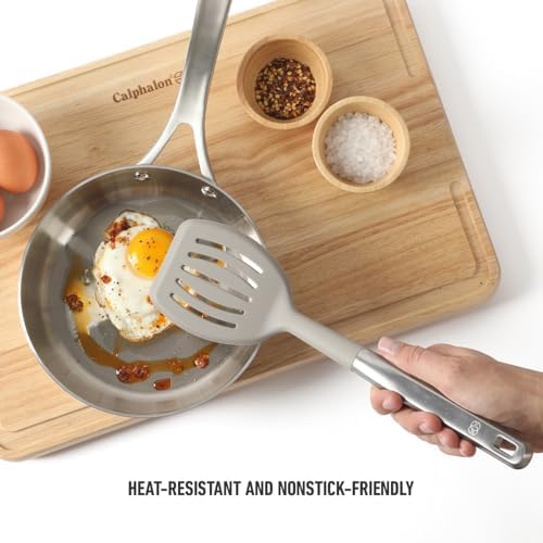 Calphalon Prime Slotted Turner, Kitchen Flipping Spatula, Slotted Spatula with Silicone Head and Stainless Steel Handle, Heat Resistant Nonstick Cookware for Flipping and Draining (Taupe)