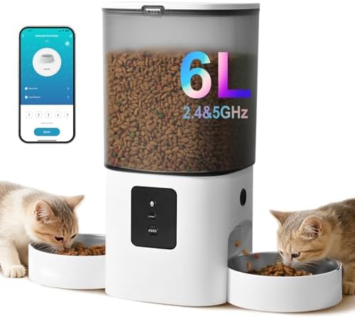 ANDOLL HOME Automatic Cat Feeder for 2 Cats, 2.4G/5G WiFi Cat Food Dispenser with 10s Voice Recorder, 6L Automatic Pet Feeder up to 10 Meals per Day, Timed Feeder with Dry Food Sealed Ring