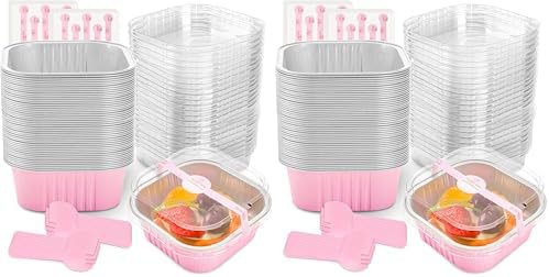 NPLUX 50 Pcs Mini Square Baking Cups with Lids and Spoons Aluminum Foil Mini Cake Pans with Lids Disposable Ramekins Cake Pans Dessert Cups for Wedding Birthday Party(Pink,10oz) (Pack of 2)