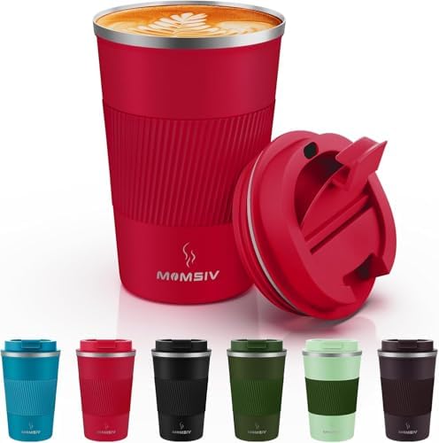 MOMSIV 12oz Travel Coffee Mug, Insulated Coffee Cup with Leakproof Lid Red