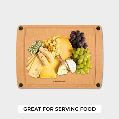 Freshware Wood Cutting Boards for Kitchen, Juice Groove, Non-Slip Silicone Feet, Dishwasher Safe, Medium 12" x 9" and Large, 15" x 11.25", Set of 2, Natural