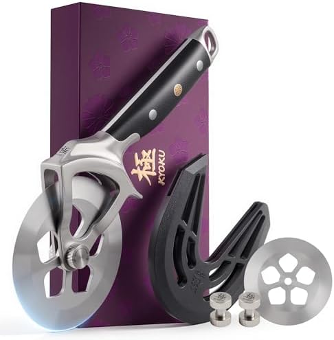 KYOKU 4 in. Pizza Cutter, Detachable Pizza Wheel Cutter with Sakura-Shaped Cutout, High Carbon Steel Wheel Pizza Slicer with 2 Wheel Blades Brush Hand Guard, Pizza Wheel Slicer for Pie Flatbread