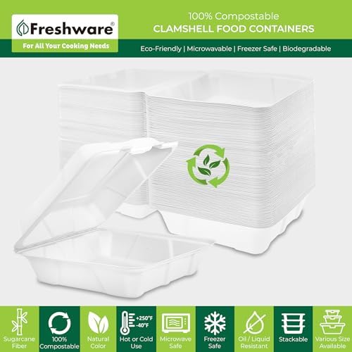 Freshware Clamshell Food Containers with Lids [9x9" 100-Pack] Disposable To Go Containers, Biodegradable Sugarcane To Go Boxes - Paper Food Container - Microwave & Freezer Safe, Stackable
