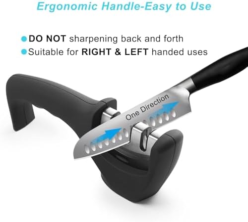 Elite Kitchen Knife Sharpener with 3 Stages, Professional Manual Blade Sharpening System, Ceramic Stone, Tungsten Carbide Plates, Diamond rods, Ergonomic Handle, Non-Slip Base,Stylish Black
