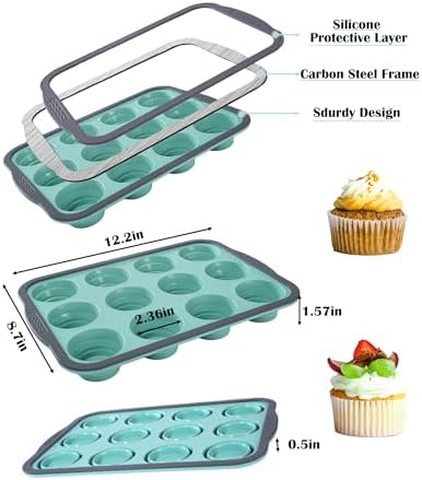Silicone Muffin Pan for Baking with Metal Frame， Nonstick Cupcake Pan， 12 Cup Baking Pan for Cupcake, Tarts, Egg Bites(12 Cup Green)