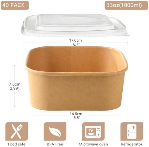 50 Sets 47 oz Disposable Kraft Paper Bowls with Lids - Square