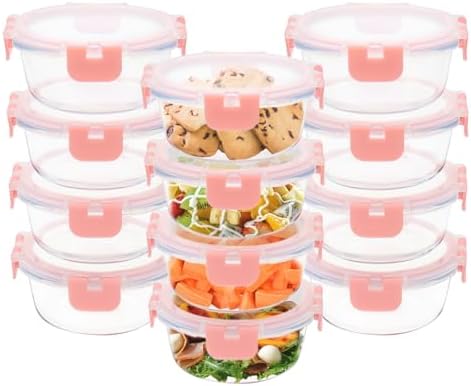 GULFLIN 12pack, 13oz Small Glass Food Storage Containers with Lids, Pink