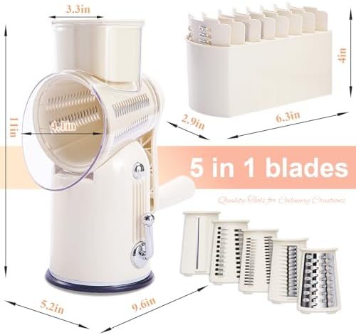 ENERGEVITY Hand Crank Rotary Cheese Grater, 5-in-1 Vegetable Slicer (White)