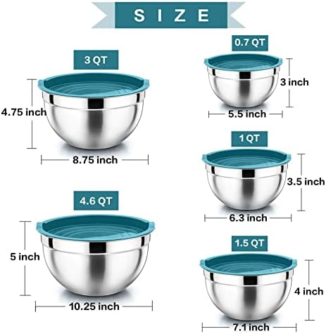 P&P CHEF Metal Mixing Bowls with Lids Set, Airtight Lids & Blue