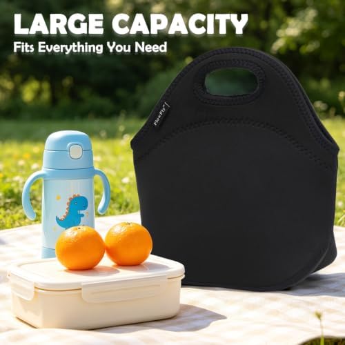 FlowFly Neoprene kids Lunch box Insulated Soft Bag Mini Cooler Thermal Meal Tote Kit for Boys, Girls,Men,Women,School,Work, Office,Black