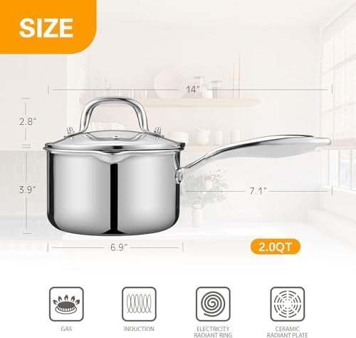 Stainless Steel Saucepan with Glass Lid, 3.0 Quart Multipurpose Sauce Pan with Cover, Sauce Pot Induction Cooking Pot- Easy Pour with Ergonomic Handle