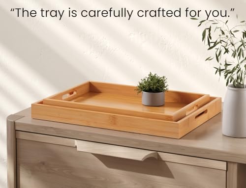 Fibogollo Bamboo Set of 2 Serving Tray with Handles,Decorative Trays Platter,Breakfast Tray in Bed,Food Drinks Tray for Eating,Working,Storing(Natural)