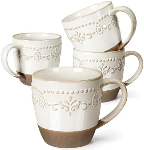Artena Ceramic Coffee Mugs Set of 4, 16oz Embossed Large Latte Mugs Coffee Cups with Handle for Tea, Latte, Cappuccino & Cocoa, Milk Dishwasher & Microwave Safe, White (Damask Floral)