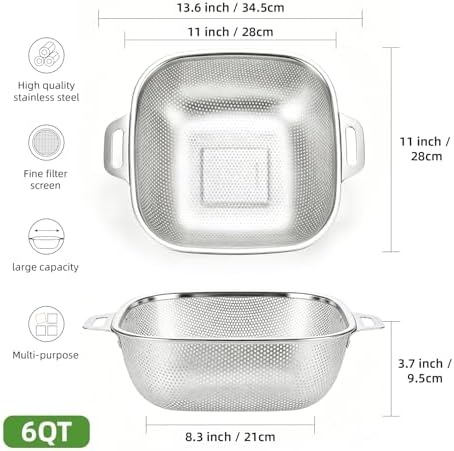 6QT stainless steel filter pot with handle - square metal kitchen filter, used for draining spaghetti and vegetables, microporous high foot, dishwasher washable, gift box packaging (6QT)