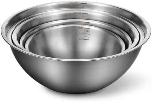 5 Pack Stainless Steel Mixing Bowls with Marks, Heavy Duty Nesting Bowls Set, Food Grade 304, Dishwasher Safe & Stackable for Cooking, Baking, Prepping (1, 1-1/2, 2, 2-1/2, 3-1/2 QT)