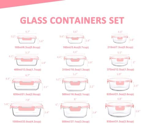 KOMUEE 24 Pieces Glass Food Storage Containers Set, Pink