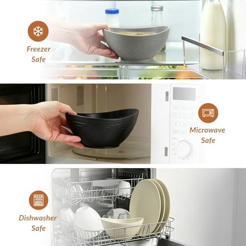 Homienly Wheat Straw Bowls 26 OZ Serving Bowls Oval Serving Dishes for Salad, Dinner, Cereal, Snack, Prep, Dessert Bowls Set Unbreakable Camping Bowls Microwave & Dishwasher Safe (6 PCS Grey Stone)
