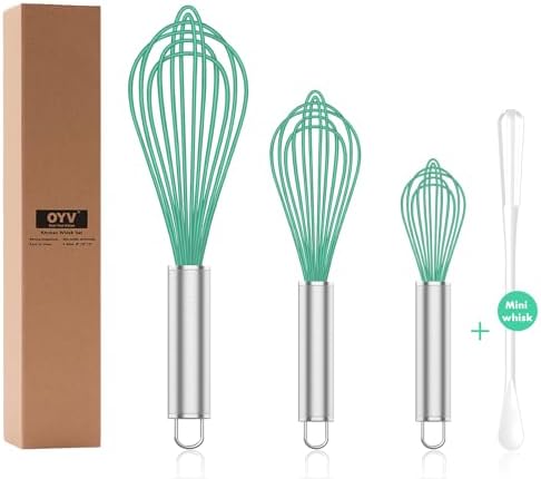 OYV Teal Silicone Whisk Set of 3, 8/10/12 Inch, Non-Scratch, Aqua