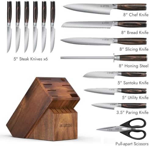 Yatoshi 15 Piece Knife Block Set - Pro Kitchen Knife Set Ultra Sharp High Carbon Stainless Steel with Ergonomic Handle, New