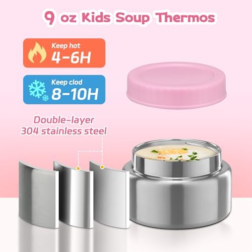 Bento Lunch Box Kids and 9oz Soup Thermo – 5.5-Cup Leakproof Kids Bento Box with Ice Pack & 9oz Insulated Food Jar – Hot & Cold Food Lunch Container for Boy Girl School, Pink Set