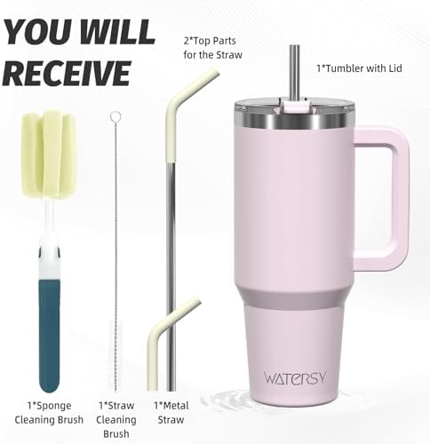 40 oz Tumbler with Handle,Tumbler with Lid and Straw,Double Wall Insulated Cup Stainless Steel Travel Mug(Cold for 34 Hours),Water Bottle for Iced Tea,Coffee,Cold Beverages(Rose Quartz)