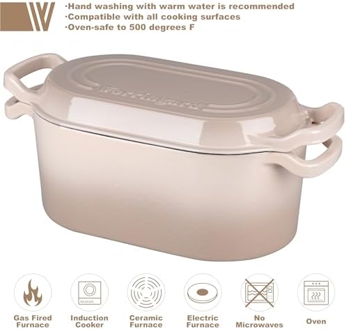 VORRINGARD Oval Dutch Oven Pot with Lid, Enamel Coating Cast Iron Bread Pans for Homemade Sourdough Bread Baking, Cooking, 4 Quart, Latte