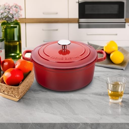 EDGING CASTING Enameled Cast Iron Dutch Oven Pot with Lid, 7 Quart, Round Dutch Ovens, Bread Oven Dual Handles, for Bread Baking, Oven Safe up to 500°F, Red