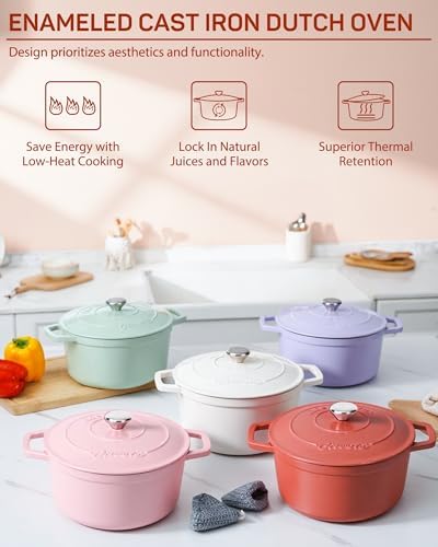 Ciwete Enameled Cast Iron Dutch Oven Pot, 6 Quart, Red