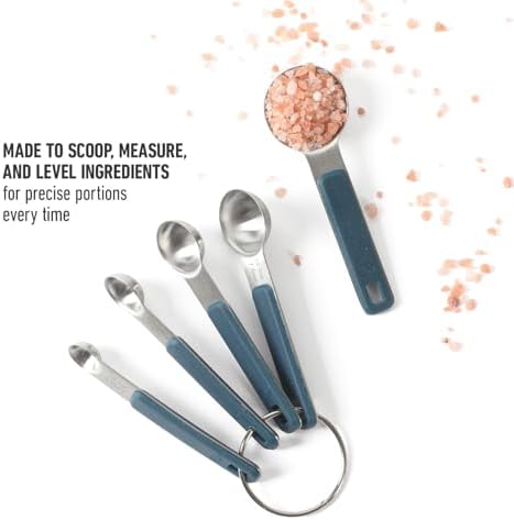 Calphalon Prime Measuring Spoons, Plastic Measuring Spoon Set, 5-Piece Stainless Steel Measuring Spoons Navy Silicone Handle Accurate, Durable for Spices and Small Portions