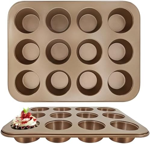 Satax Muffin Pan for Baking, Nonstick Cupcake Tin 12 Cup,sets of 2,Heavy Duty Steel Muffin Pan (Gold, 12-cup)