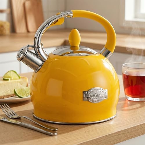 SUSTEAS Whistling Tea Kettle, 2.7QT Food-Grade Steel Teapot, YELLOW