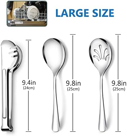 Stainless Steel Metal Serving Utensils - Large Serving sets-10" Spoons, 10" Slotted Spoons and 9" Tongs by Teivio (Silver, Set of 12)