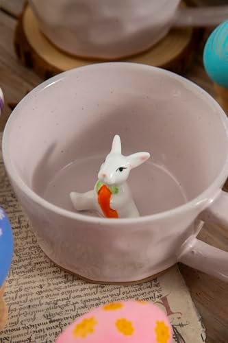 DIHOclub Farmhouse Ceramic Coffee Mug with Rabbit Figurine – Rustic Stoneware Cup, Matte Finish, Ideal for Breakfast & Home Decor (Pink Rabbit)
