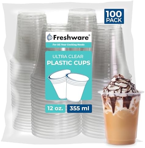 Freshware 12 oz Clear Disposable Plastic Cups, 100 Pack Clear Plastic Cups Tumblers, Heavy-duty Party Glasses, Disposable Cup for Thanksgiving, Halloween, Christmas Party