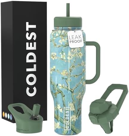 Coldest Tumbler with Handle and Straw, 100% Spill Proof Tumbler with Straw (3 Lids), Stainless Steel Insulated Leakproof Tumblers for Women Men, Cup Holder Friendly, 46 oz (Almond Blossom)