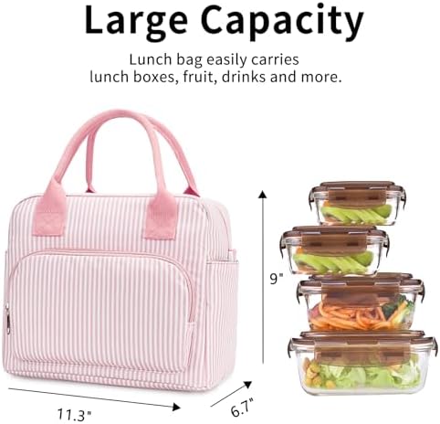 Lunch Bag Women Lunch Box for Women Adult Cute Insulated Lunch Bag Lager Cooler Lunch Tote Bags for Work Picnic (Pink Stripes)