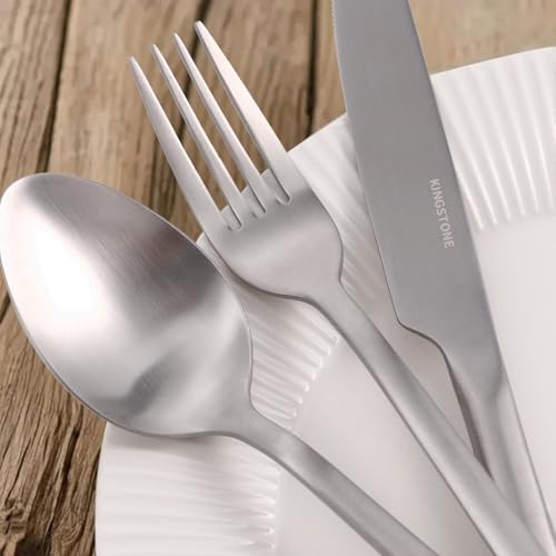 KINGSTONE 40 Piece Silverware Set, Flatware Set for 8, 18/10 Stainless Steel Cutlery Set Mirror Polished Modern Design Dishwasher Safe, Matte Silver
