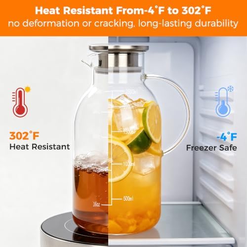 88oz Glass Pitcher, Stainless Steel Lid and Precise Scale Line, Easy Clean Heat Resistant Borosilicate Glass Jug