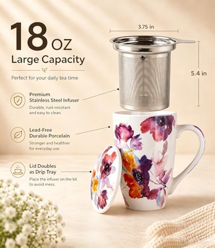 AmorArc Tea Cup With Infuser and Lid, 18oz Loose Leaf Tea Mug With Steeper