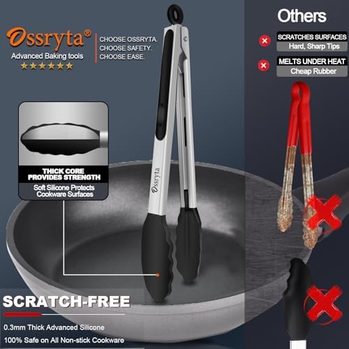 Kitchen Tongs with Silicone Tips - Heat Resistant 600°F Stainless Steel Cooking Tong Set, Non-Stick 7" 9" 12" Locking Silicone Tongs for Cooking, Grilling, Serving & Baking (3-Piece, Black)