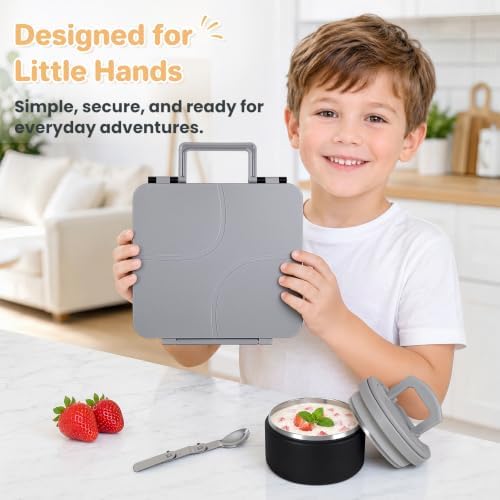 Bento Lunch Box for Kids with 8oz Soup Thermo,Kids Leakproof Lunch Food Containers with 4 Compartment,Kid Insulated Thermo Hot Food Jar for School,Trvael-Black