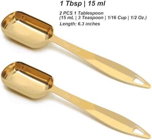 2 Pcs 1 Tablespoon(15 mL | 3 Tsp | 1 Tbsp | 15 cc | 1/2 oz) Stainless Steel Single Measuring Spoon, Long Handle Metal Measuring Spoon, Kitchen Gadgets for Cooking & Baking(Gold)