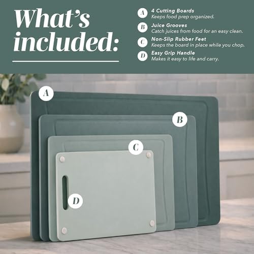 COOK WITH COLOR Non-Slip Cutting Board Set – Kitchen Essentials with Easy Grip Handle for Meat, Veggies, and Fruits, 4 Cutting Boards, Mint
