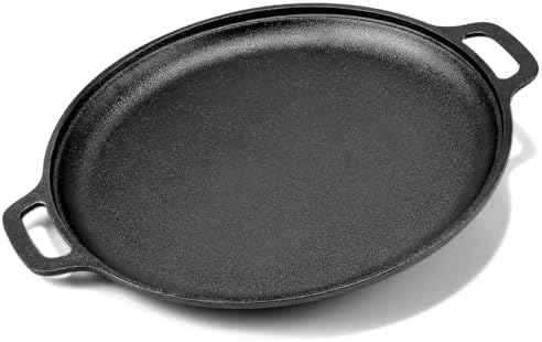 13.8 Inch Cast Iron Pizza Pan - Round Comal for Even Heating - Works on Oven, Grill & Campfire, Heavy-Duty Cast Iron Pizza Stone with Dual Handles