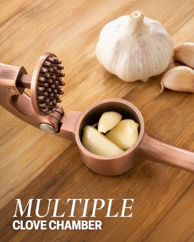Zulay Kitchen Premium Garlic Press Set - Rust Proof Professional Garlic Mincer Tool - Easy-Squeeze, Easy-Clean with Soft, Ergonomic Handle - Silicone Garlic Peeler & Brush (Copper)