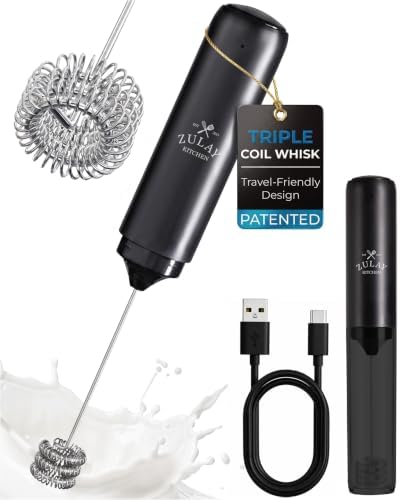 Zulay Kitchen Rechargeable Milk Frother Handheld - Triple Coil Whisk, Electric Coffee Frother, Portable Hand Frother Wand, Drink Mixer for Matcha, Lattes & Cappuccinos, Kitchen Gifts - Black