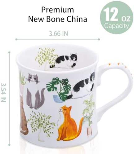 Cute Cats & Plants Coffee Mug - 12 oz Fine New Bone China Coffee Tea Cup with Kitten Design, Cat Mom Gifts for Women, Holiday Gift for Cat Lovers & Friends, Designed in England by Harvest Green Studio