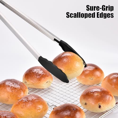 Doosu Kitchen Tongs with Silicone Tips for Cooking Serving (16in, Black)